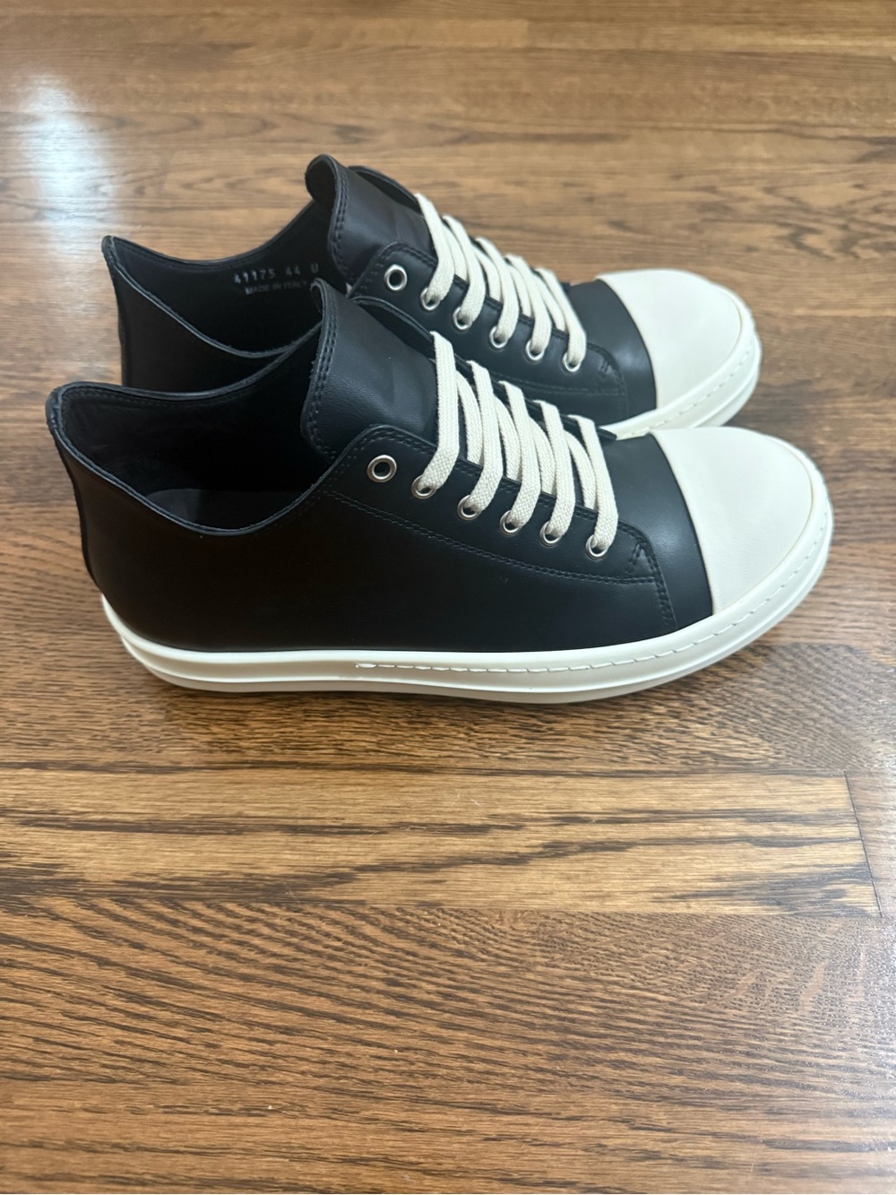 Rick Owens Ramones Black Leather Sneakers with White Toe and Laces - Picture 3 of 9